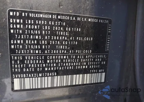 2020 Volkswagen Tiguan 2.0T S z USA, uszkodzony, nr VIN 3VV0B7AX2LM178459